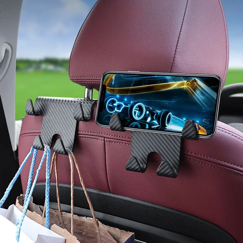 Black ABS plastic car seat hook with integrated mobile phone holder bracket