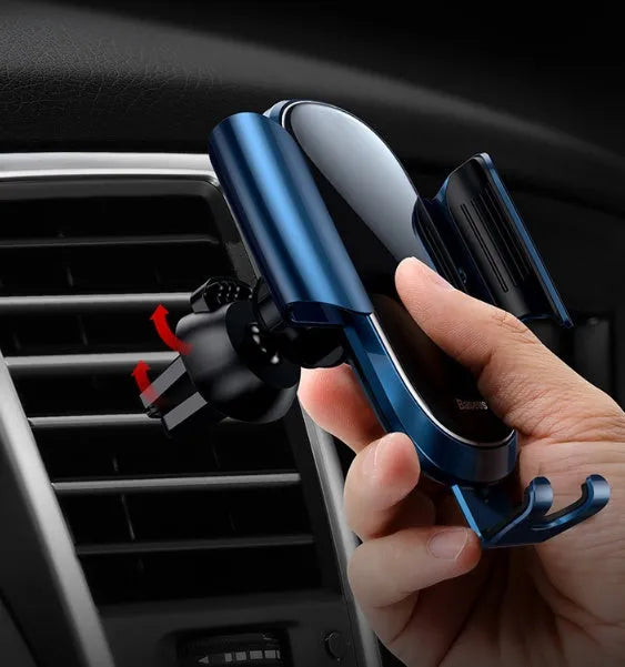 Universal adjustable car bracket smartphone holder in black, mounted on a car dashboard.
