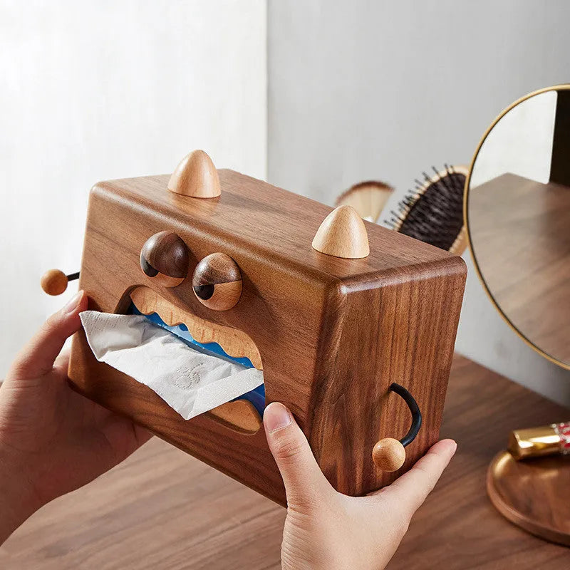 Cartoon little monster design wooden tissue box in walnut beech colour.