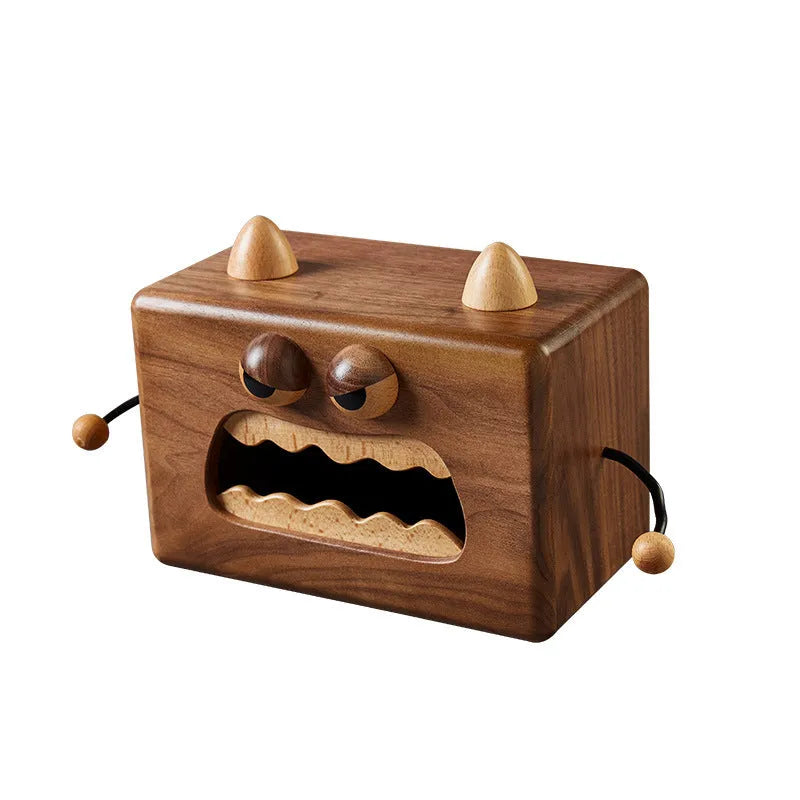 Cartoon little monster design wooden tissue box in walnut beech colour.