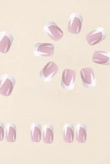 Twenty-four white plaid pattern fake nails with square tips arranged on a surface.
