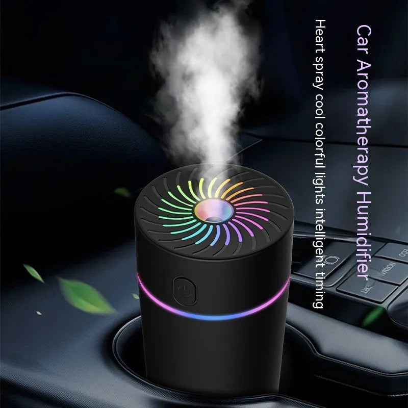 Compact car USB mini humidifier for vehicle aromatherapy and air humidification.