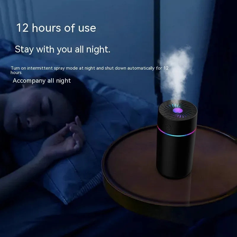 Compact car USB mini humidifier for vehicle aromatherapy and air humidification.
