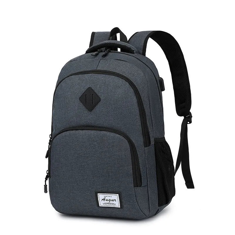 Grey lightweight USB charging backpack with trolley straps and thickened nylon fabric.