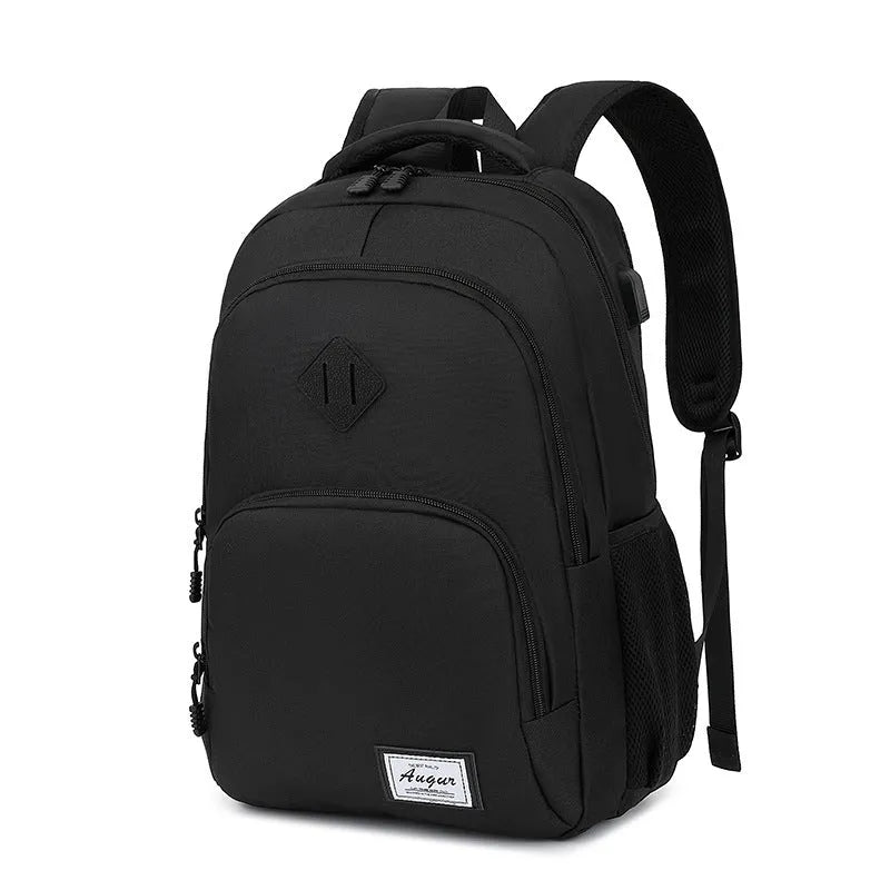 Grey lightweight USB charging backpack with trolley straps and thickened nylon fabric.