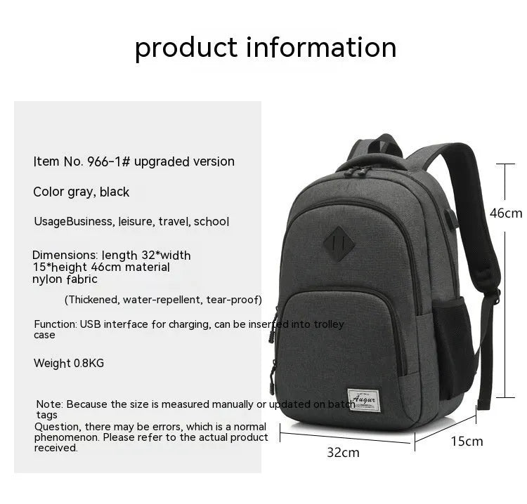 Grey lightweight USB charging backpack with trolley straps and thickened nylon fabric.