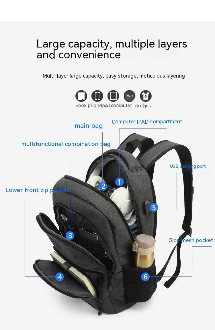 Grey lightweight USB charging backpack with trolley straps and thickened nylon fabric.