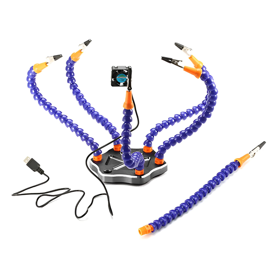 Aluminium alloy six-arm welding station with adjustable clamps in black or purple colour options