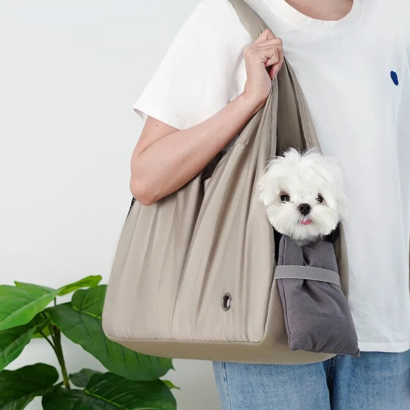 Apricot cloth pet handbag carrier for small dogs and cats with dimensions 41x16x28cm