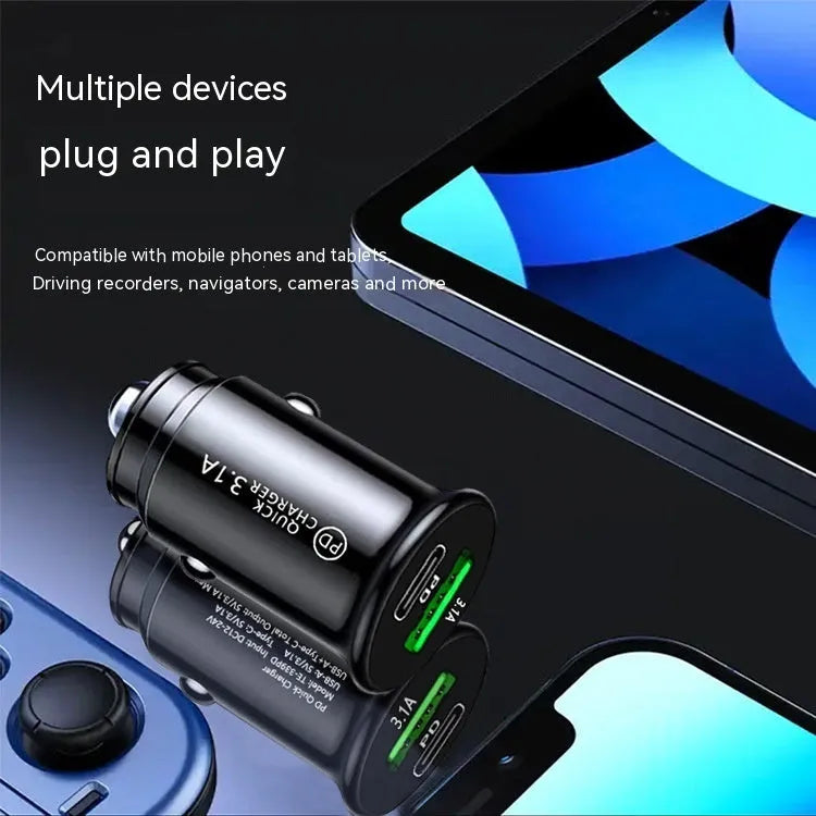 Dual USB port car charger converter with black bare metal finish for vehicle cigarette lighter socket