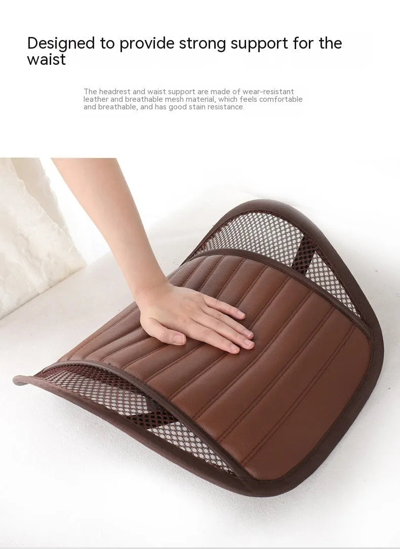 Leather lumbar support cushion in sapphire blue, amber brown, mysterious black, ivory, or cherry blossom pink colours
