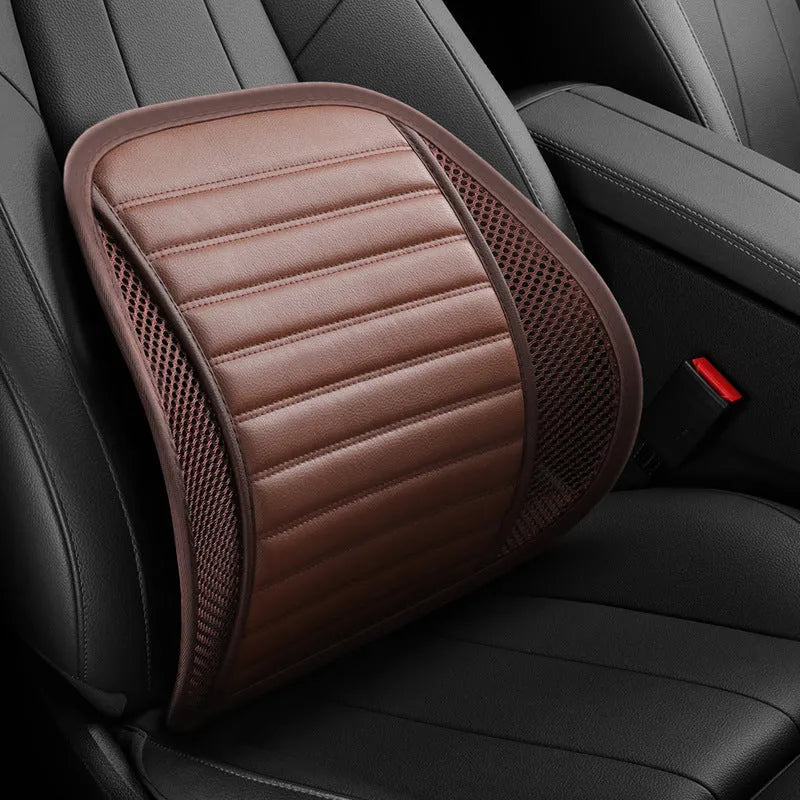 Leather lumbar support cushion in sapphire blue, amber brown, mysterious black, ivory, or cherry blossom pink colours