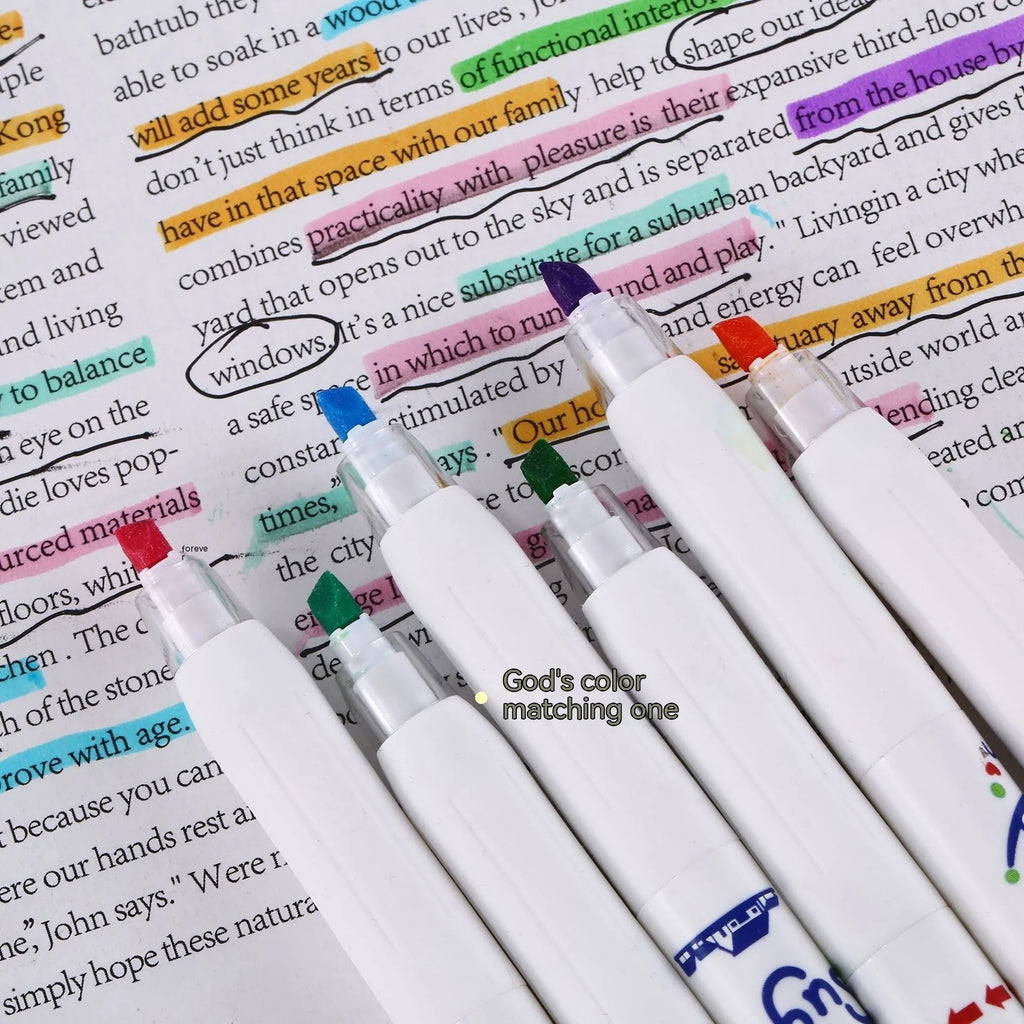 Boxed set of six fluorescent highlighter pens with plastic shells and oblique heads in three colour options
