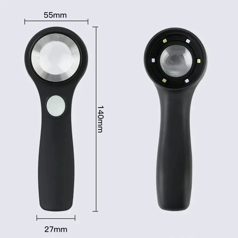 Black handheld magnifying glass with optical glass lens for jewellery and collectible appraisal