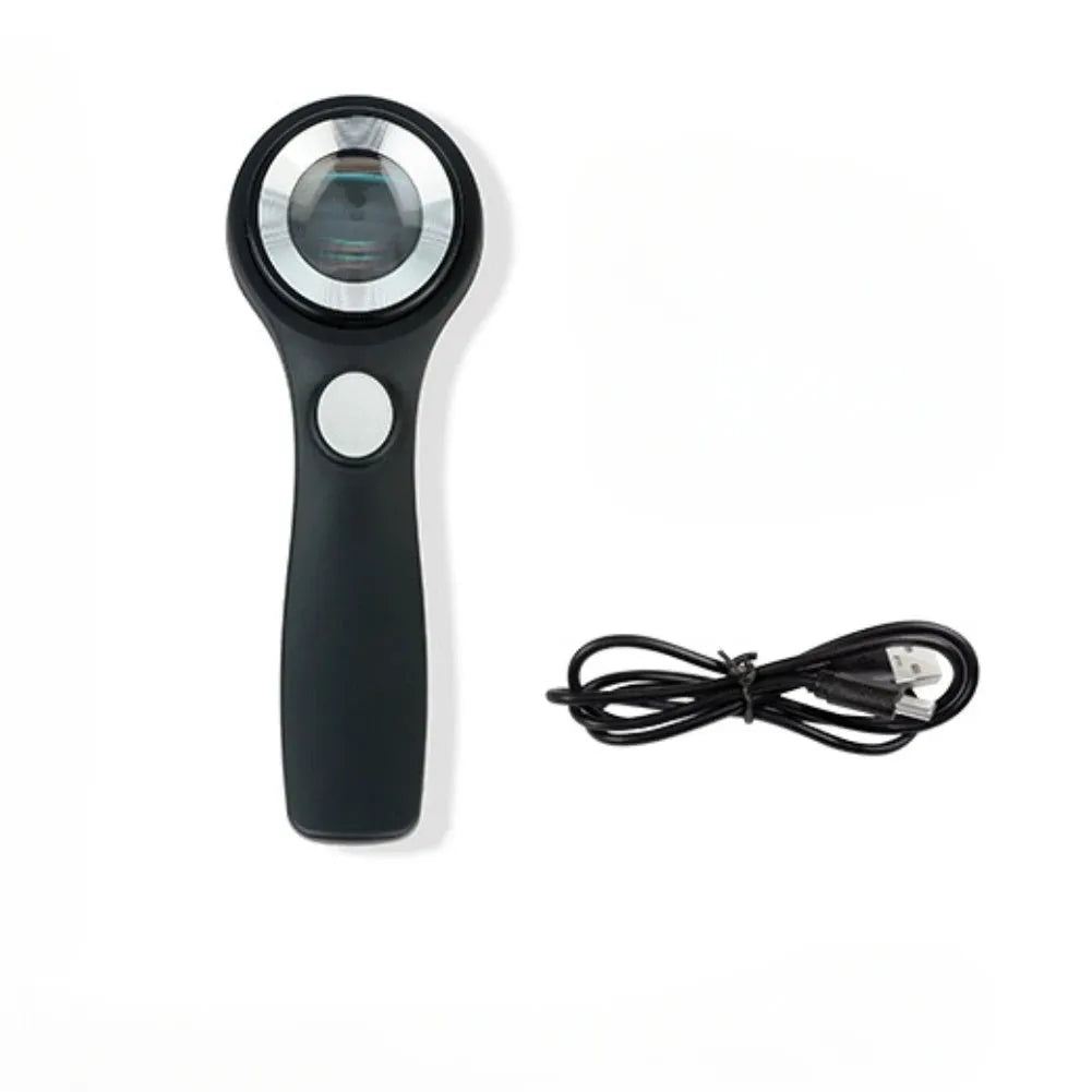 Black handheld magnifying glass with optical glass lens for jewellery and collectible appraisal