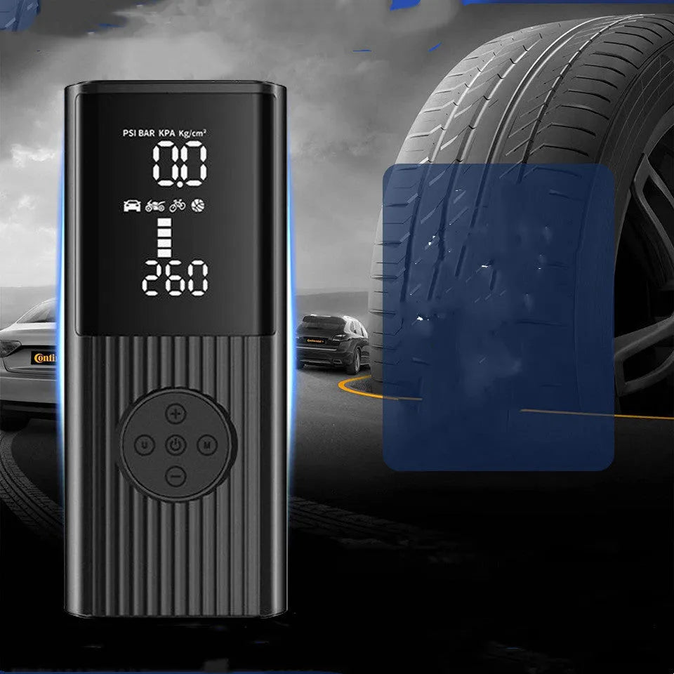 Wireless portable car tyre air compressor pump with LED light on black plastic body