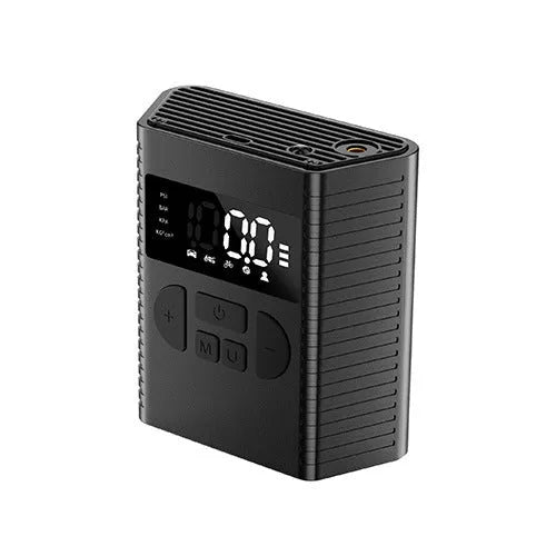 Wireless portable car tyre air compressor pump with LED light on black plastic body