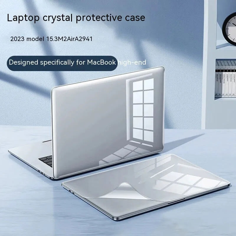 Hard plastic protective case on a MacBook laptop, shown in crystal transparent and matte black finish options.