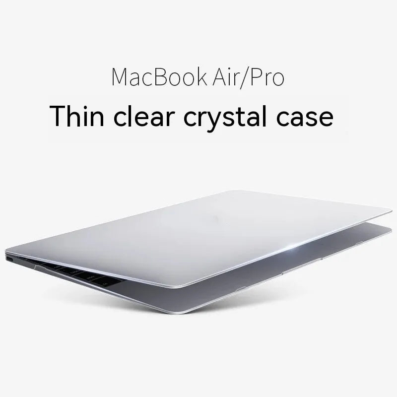 Hard plastic protective case on a MacBook laptop, shown in crystal transparent and matte black finish options.