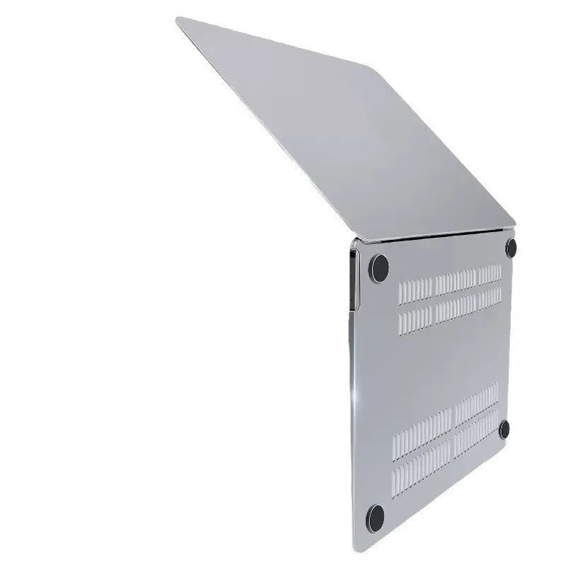 Hard plastic protective case on a MacBook laptop, shown in crystal transparent and matte black finish options.