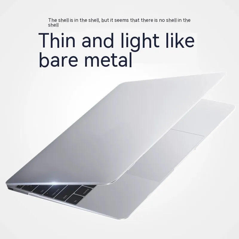 Hard plastic protective case on a MacBook laptop, shown in crystal transparent and matte black finish options.