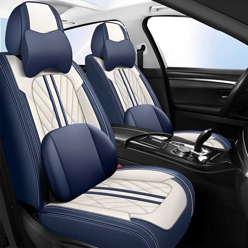 Set of five leather car seat cushions with hemmed edges in a choice of 16 colours.