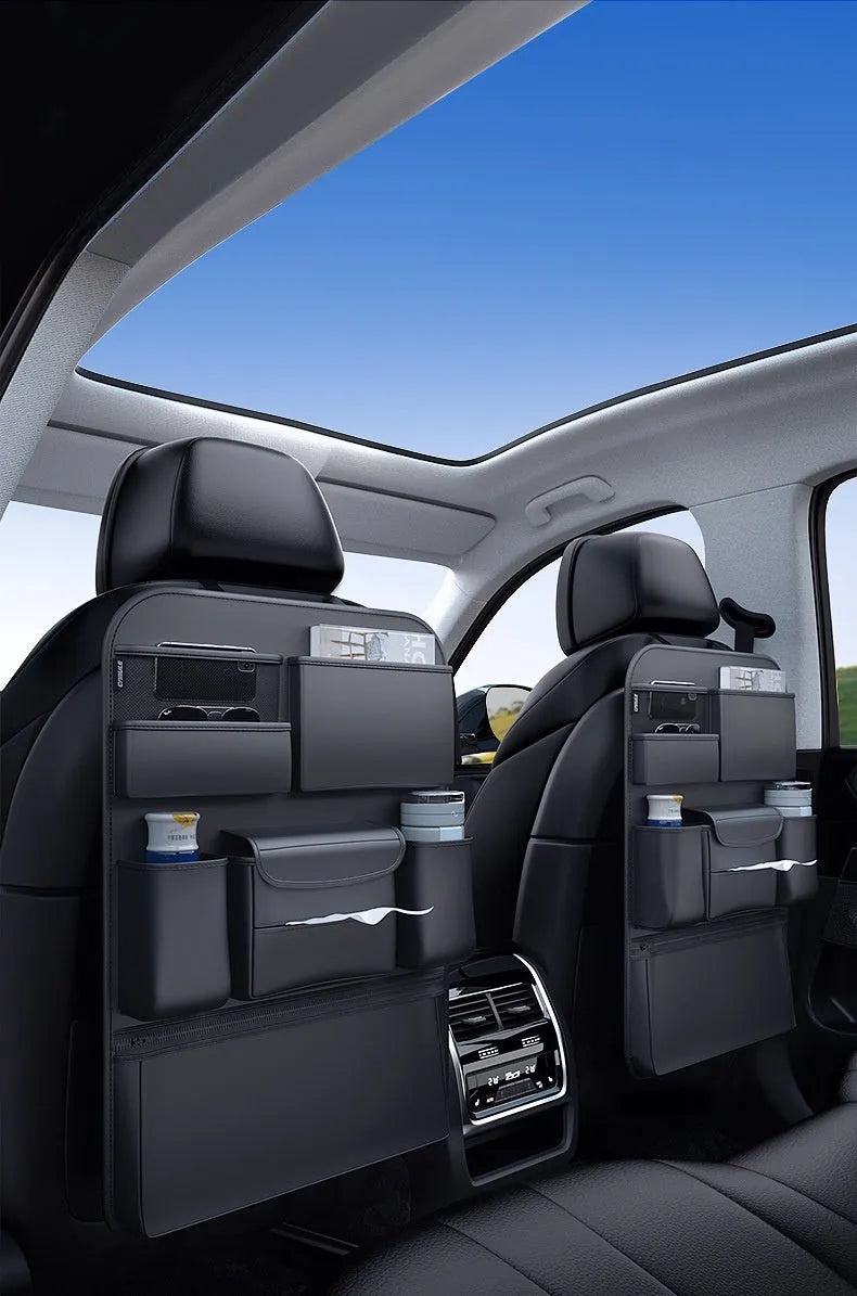 Black leather car seat back storage hanging bag with handle shown in large and small size options