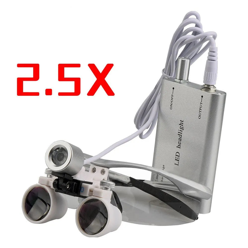 Black plastic head-mounted LED magnifying glass for dental and precision work with 3.5X magnification.