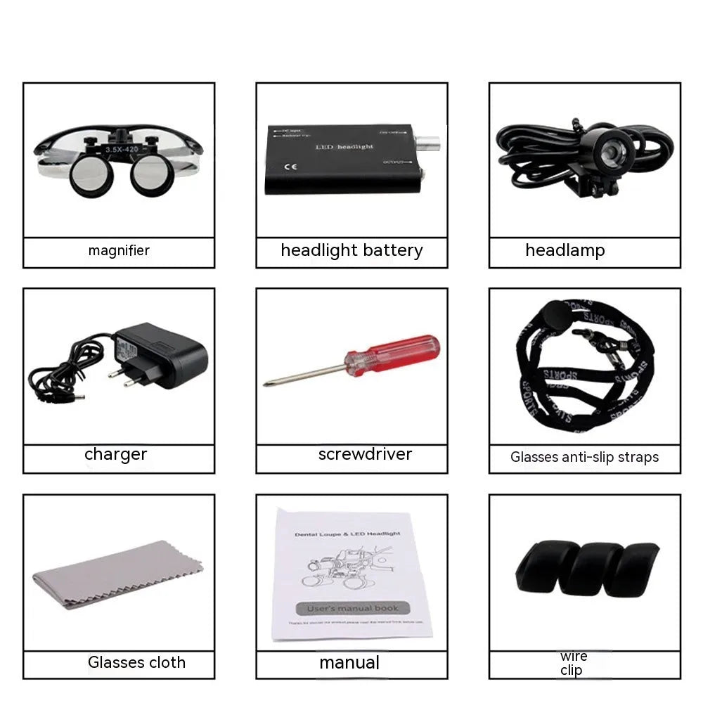Black plastic head-mounted LED magnifying glass for dental and precision work with 3.5X magnification.