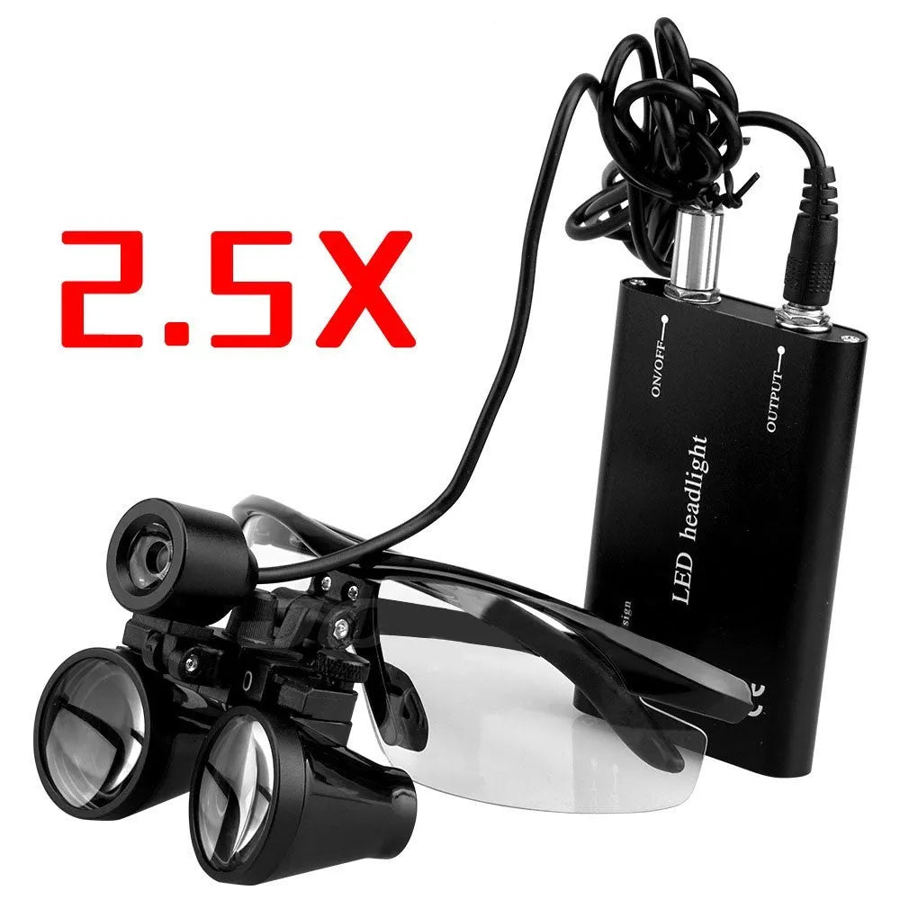 Black plastic head-mounted LED magnifying glass for dental and precision work with 3.5X magnification.