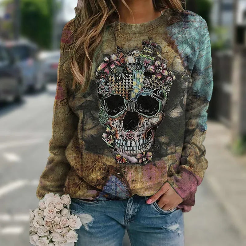 Black long sleeve sweatshirt with a white skull graphic print on the front