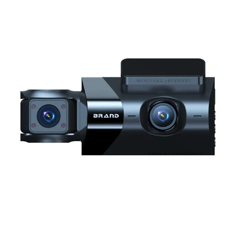 Black car dashboard camera with 5-inch screen on a windshield bracket.