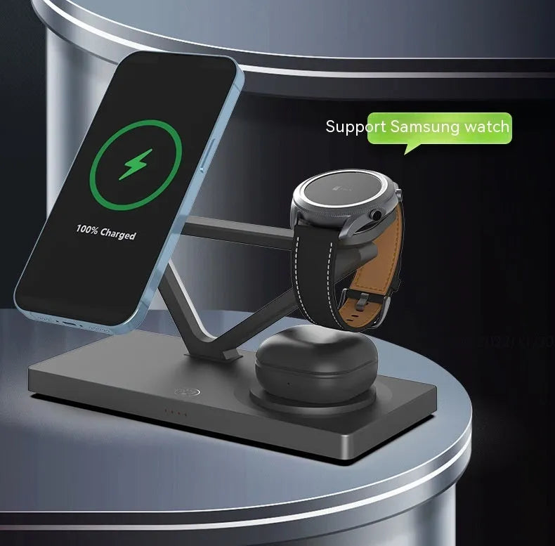 White five-in-one wireless charging night lamp showing magnetic phone bracket, circular charging base, watch pad, and background illumination