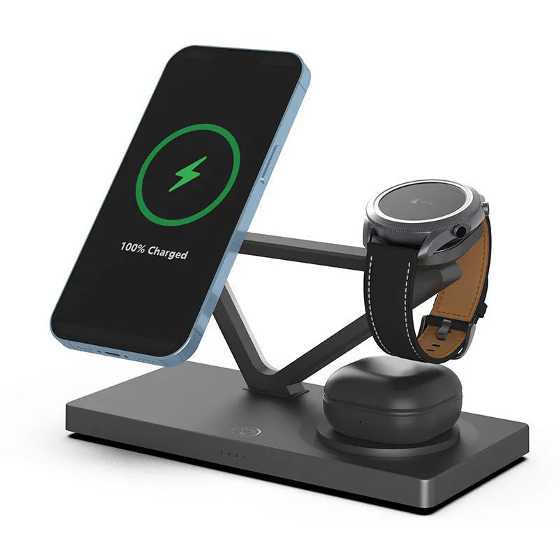 White five-in-one wireless charging night lamp showing magnetic phone bracket, circular charging base, watch pad, and background illumination