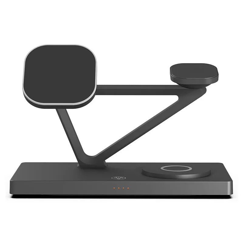 White five-in-one wireless charging night lamp showing magnetic phone bracket, circular charging base, watch pad, and background illumination