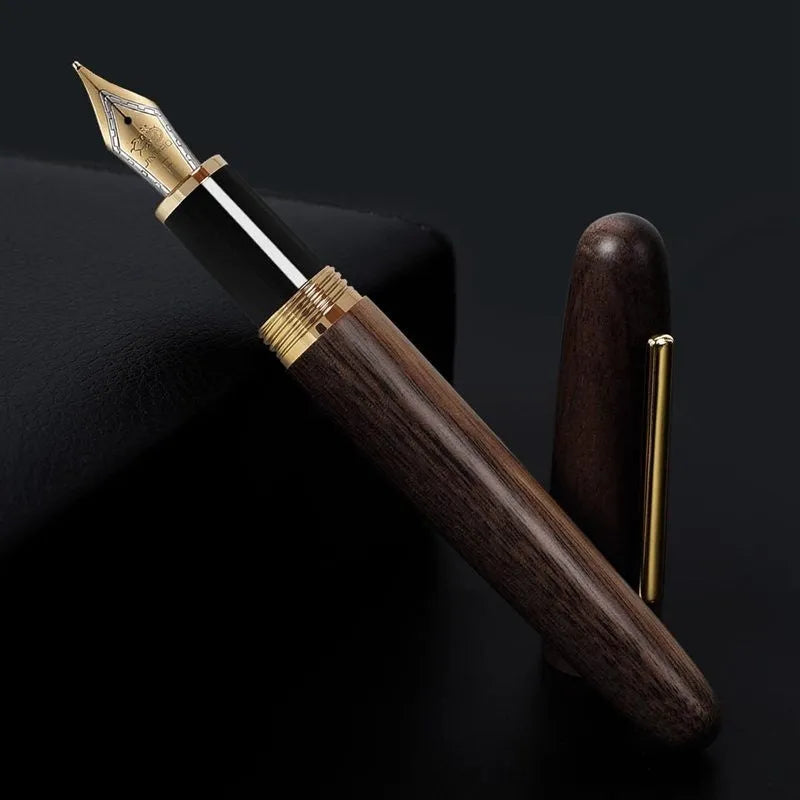 Wooden fountain pen with rotating cap showing seven wood colour options and four nib configurations