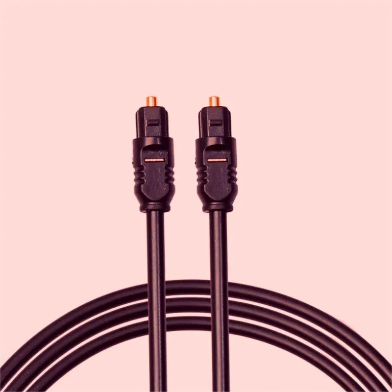 Black Toslink fibre optic audio cable with 4mm square connectors showing 2-metre length