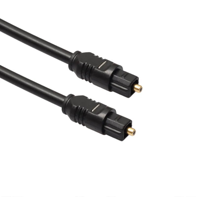 Black Toslink fibre optic audio cable with 4mm square connectors showing 2-metre length