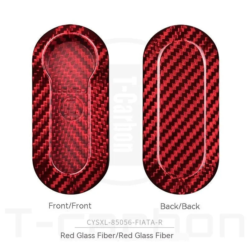 Carbon fibre and glass fibre replacement shell for a car key fob in black, red, and silver black finishes.