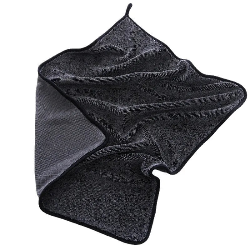 Grey car cleaning cloth with black hemmed edge in multiple size options for vehicle washing