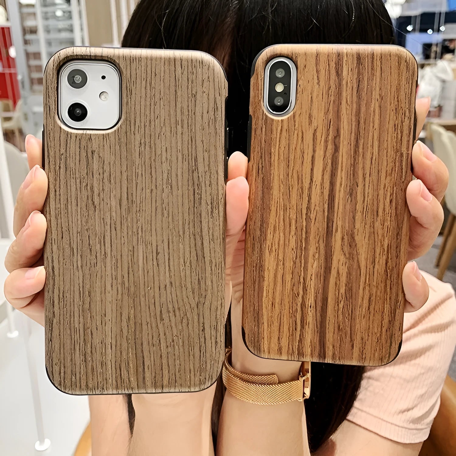 Wooden iPhone case with natural wood grain back cover showing rosewood, teak, black rose, and walnut colour options