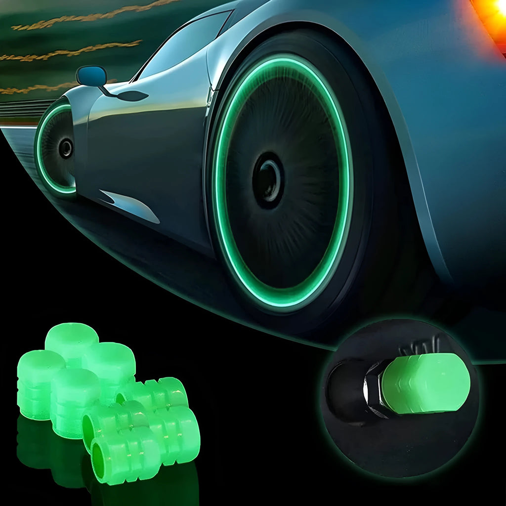 Luminous rubber tyre valve caps with a split design shown in light green, blue, red, yellow, and pink colours.