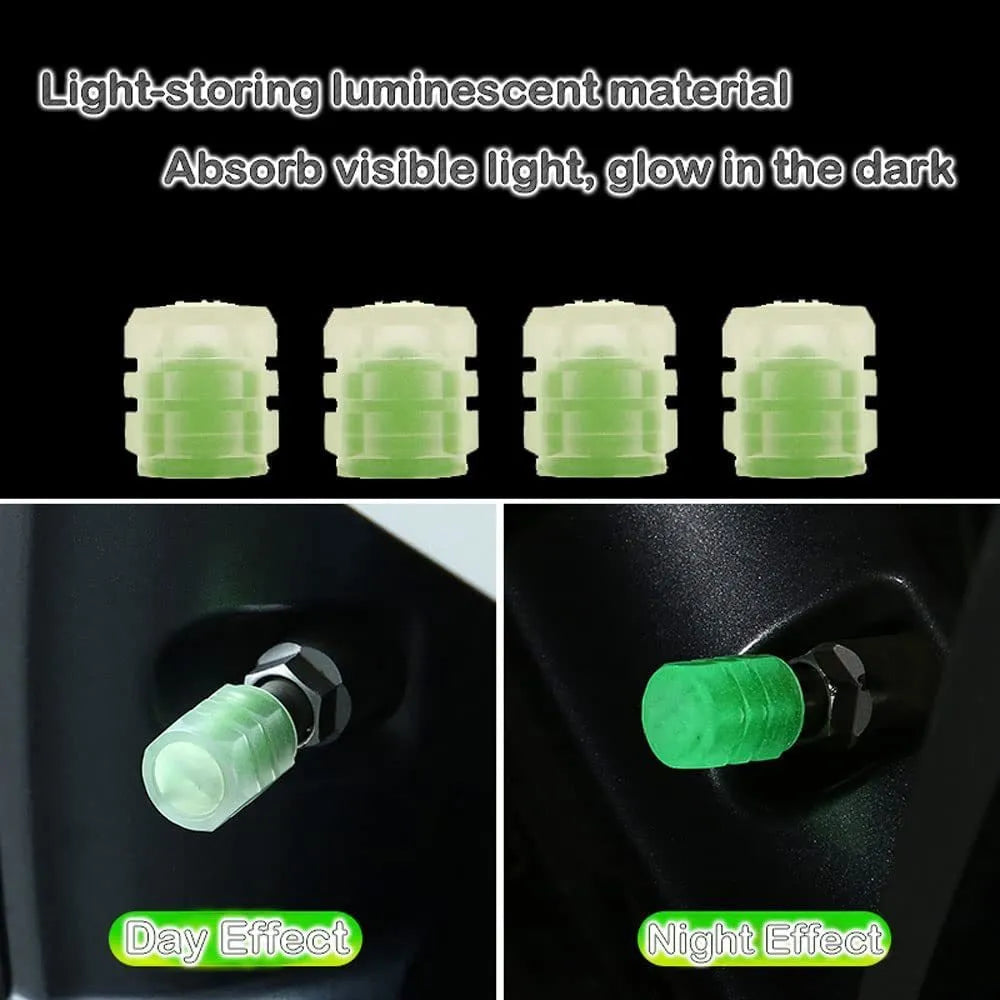 Luminous rubber tyre valve caps with a split design shown in light green, blue, red, yellow, and pink colours.