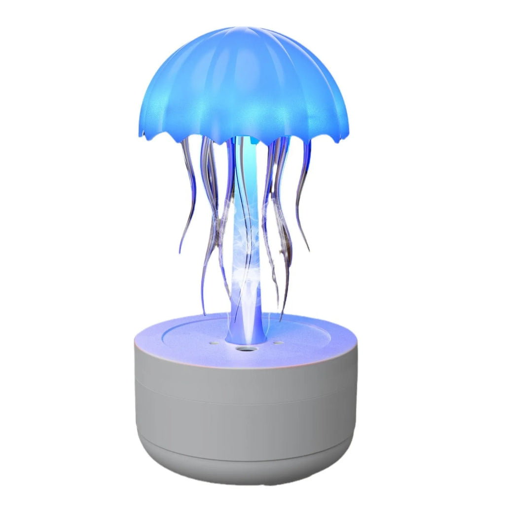 White jellyfish-shaped humidifier and essential oil diffuser with colourful night light on wooden desk