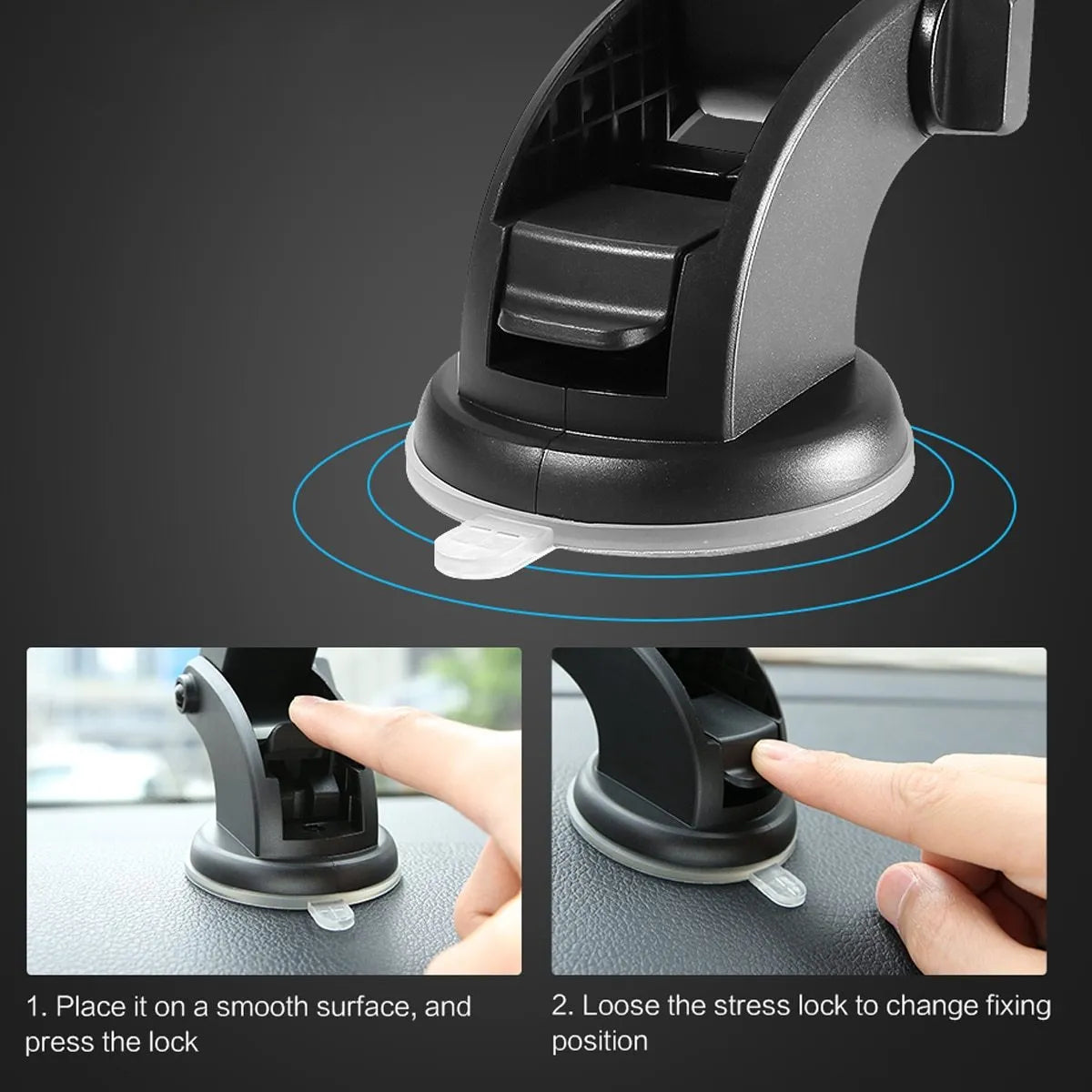 Yellow and black telescopic car phone holder with suction cup mount extended on dashboard