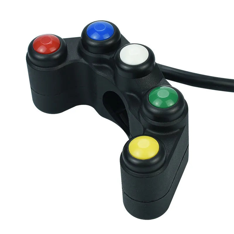 Plastic five-colour five-position vehicle switch with red, yellow, blue, green, white buttons and 52cm cable