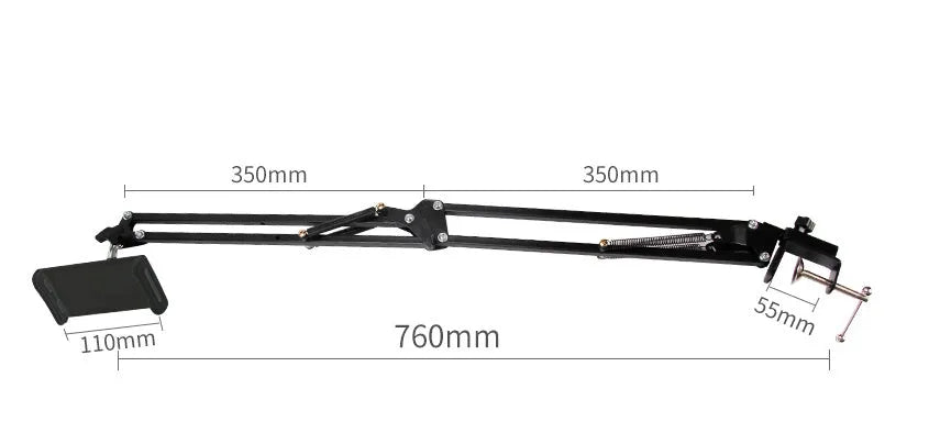 Black and white adjustable phone and tablet stand on desktop showing viewing angle