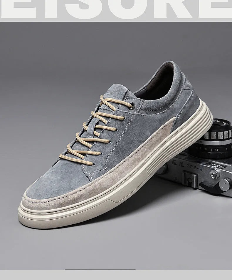 Men's grey casual pigskin skate shoes with rubber sole and round toe design