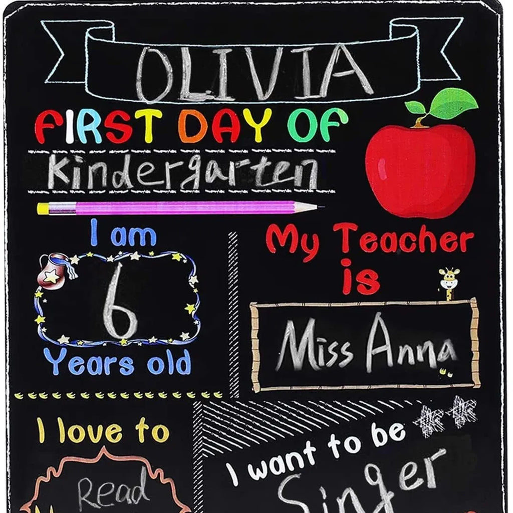 Wooden first day of school blackboard with modern design measuring 255mm by 300mm