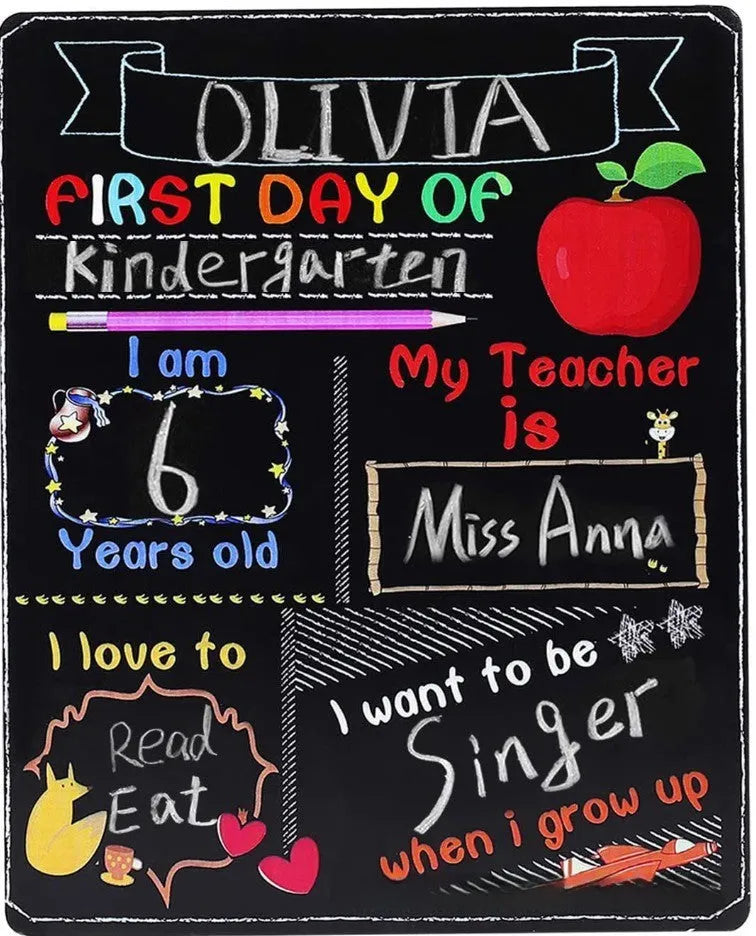 Wooden first day of school blackboard with modern design measuring 255mm by 300mm